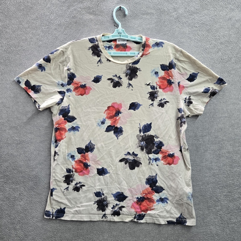 Hollister Women Shirt XL Cream Floral‎ Must-Have Collection Embroidered Crew